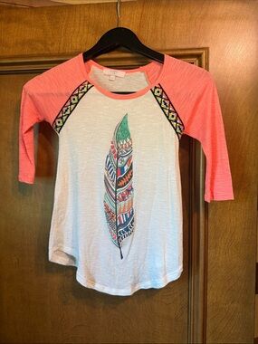 Moa Moa Neon Coral Raglan Tee with Feather Graphic